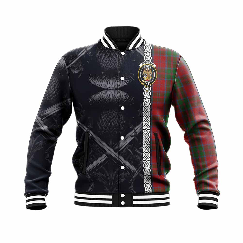 Drummond Tartan Baseball Jacket with Family Crest Cross Sword Thistle Celtic Vibes Unisex - Tartan Vibes Clothing