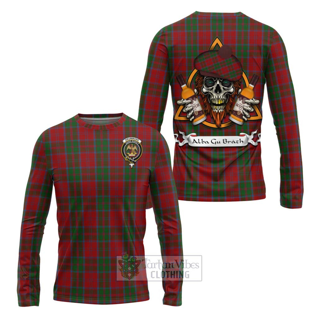 Tartan Vibes Clothing Drummond Tartan Long Sleeve T-Shirt with Family Crest and Bearded Skull Holding Bottles of Whiskey