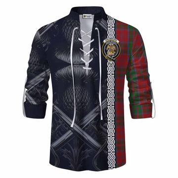 Drummond Tartan Ghillie Kilt Shirt with Family Crest Cross Sword Thistle Celtic Vibes