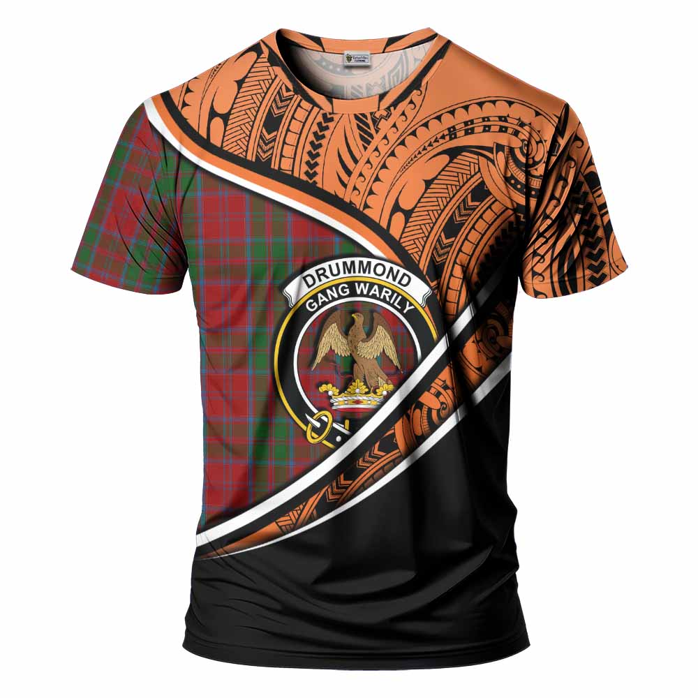 Tartan Vibes Clothing Drummond Crest Tartan T-Shirt with Maori Tattoo Style - Orange Version