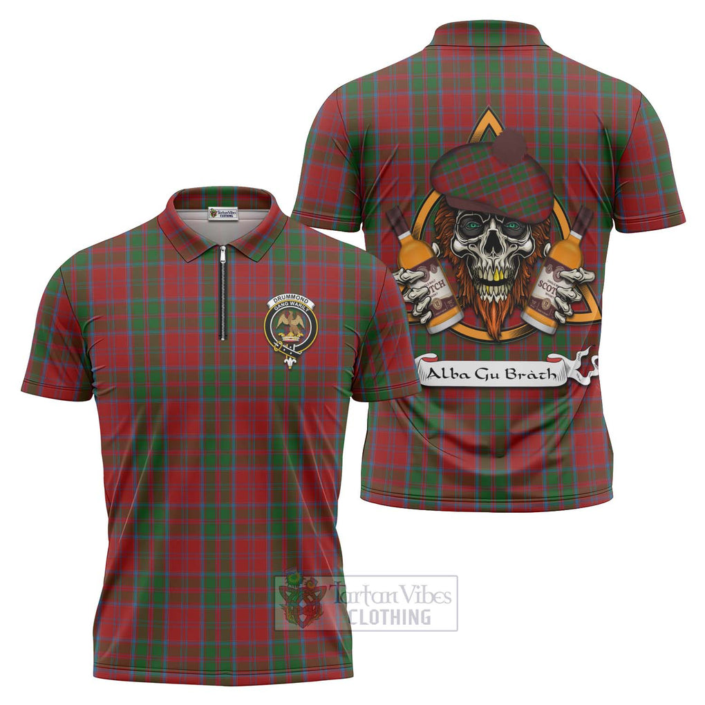 Tartan Vibes Clothing Drummond Tartan Zipper Polo Shirt with Family Crest and Bearded Skull Holding Bottles of Whiskey