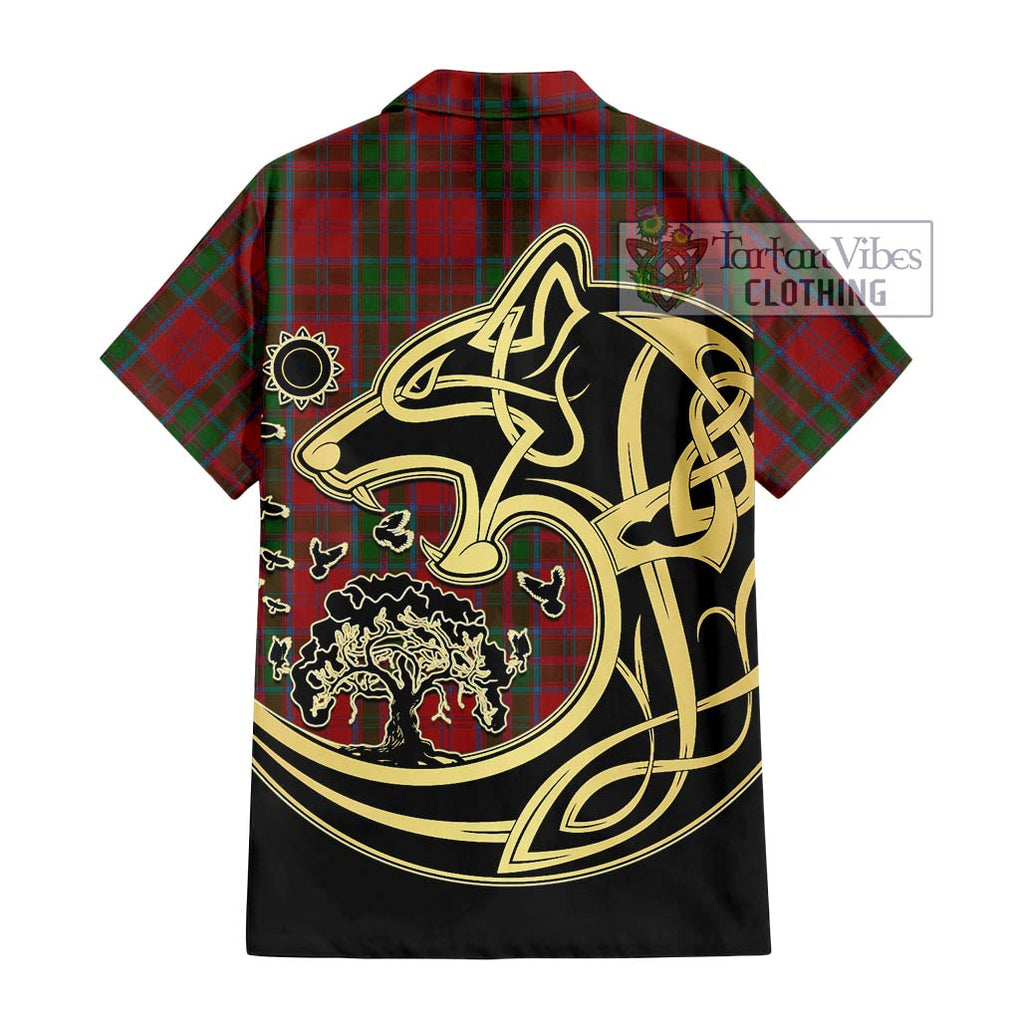 Drummond Tartan Short Sleeve Button Shirt with Family Crest Celtic Wolf Style - Tartan Vibes Clothing