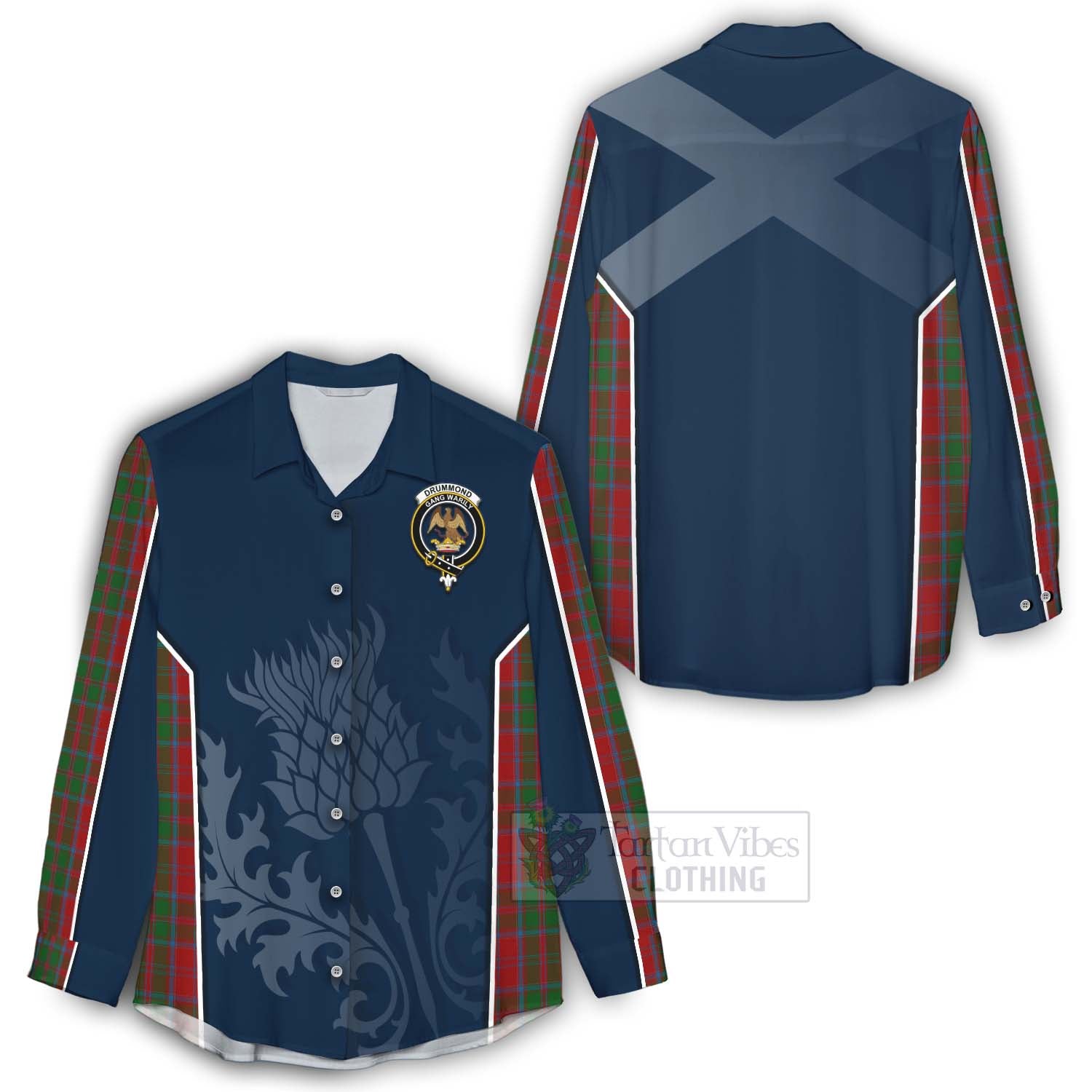 Tartan Vibes Clothing Drummond Tartan Women's Casual Shirt with Family Crest and Scottish Thistle Vibes Sport Style