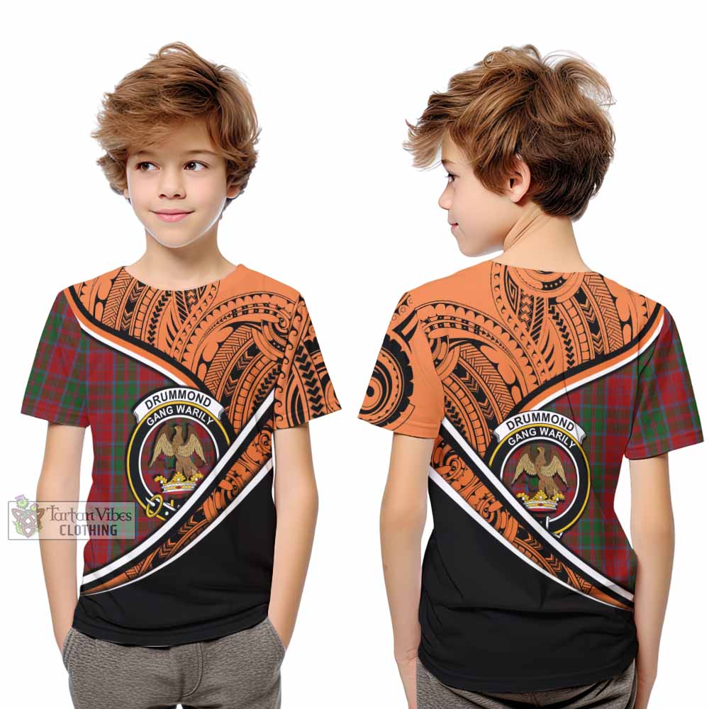 Tartan Vibes Clothing Drummond Crest Tartan Kid T-Shirt with Maori Tattoo Style - Orange Version