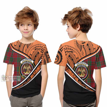 Drummond Crest Tartan Kid T-Shirt with Polynesian Vibes Style - Orange Version