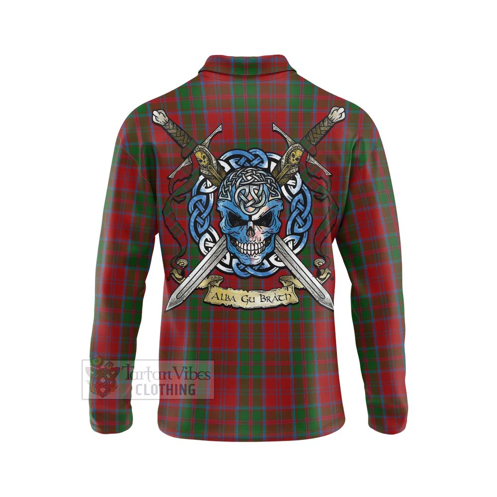 Tartan Vibes Clothing Drummond Tartan Long Sleeve Polo Shirt with Family Crest Celtic Skull Style