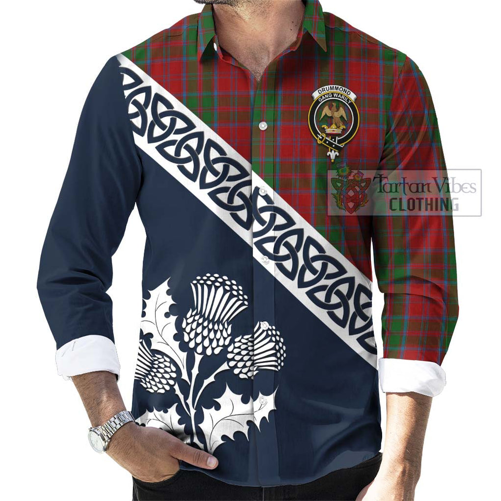 Tartan Vibes Clothing Drummond Tartan Long Sleeve Button Shirt Featuring Thistle and Scotland Map