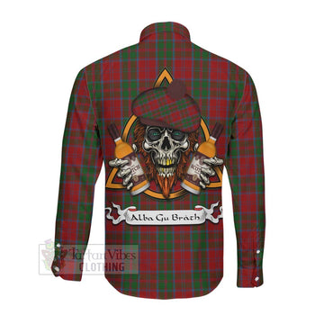 Drummond Tartan Long Sleeve Button Shirt with Family Crest and Bearded Skull Holding Bottles of Whiskey