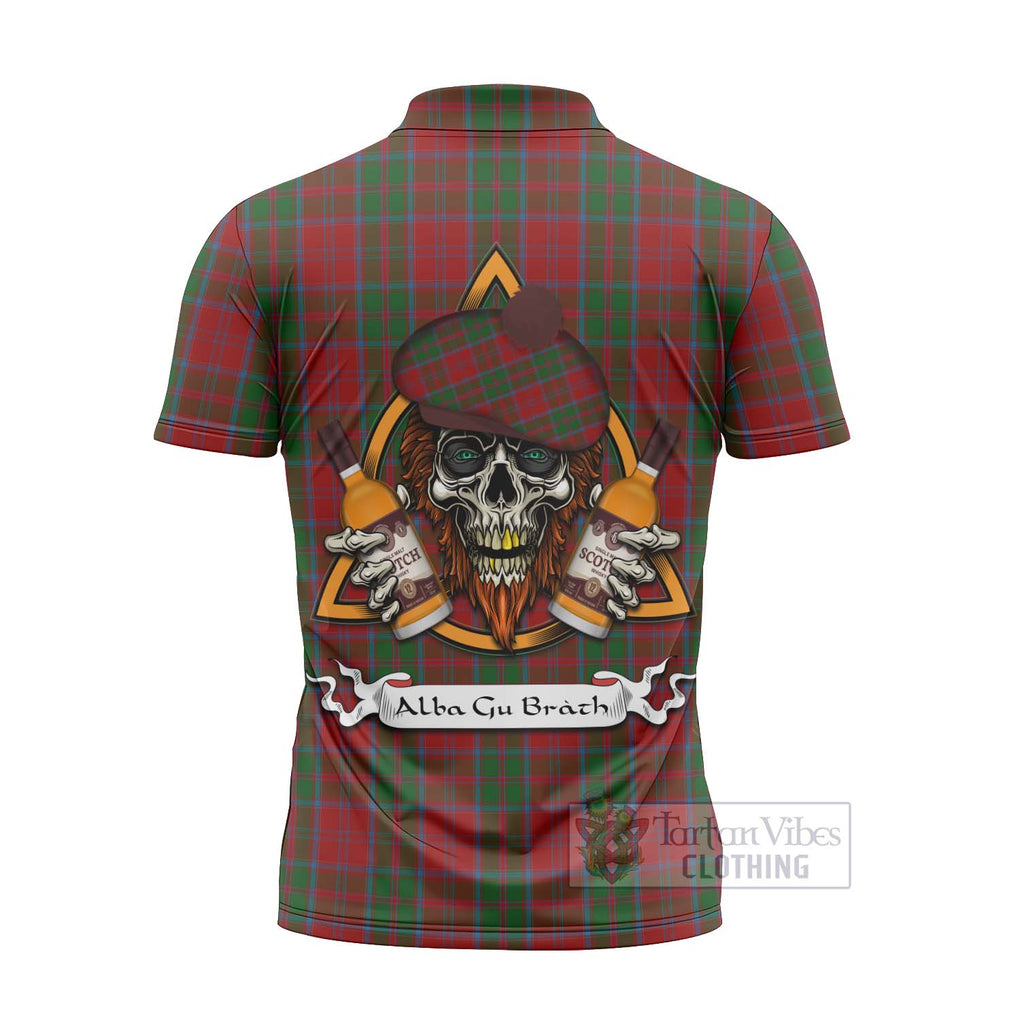 Tartan Vibes Clothing Drummond Tartan Zipper Polo Shirt with Family Crest and Bearded Skull Holding Bottles of Whiskey