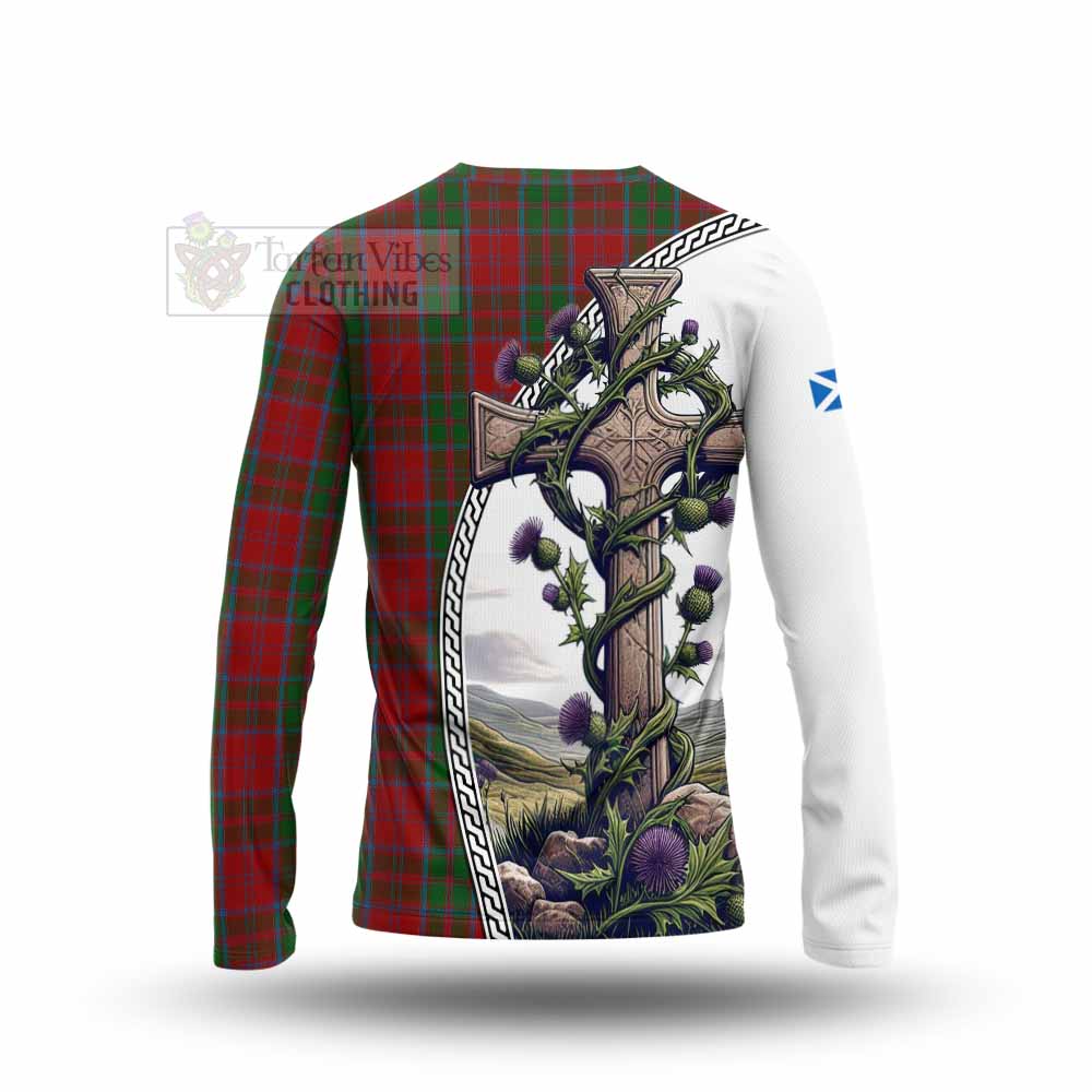 Tartan Vibes Clothing Drummond Tartan Long Sleeve T-Shirt with Family Crest and St. Andrew's Cross Accented by Thistle Vines