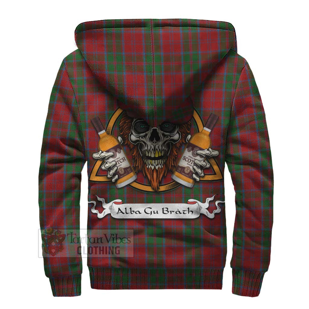 Tartan Vibes Clothing Drummond Tartan Sherpa Hoodie with Family Crest and Bearded Skull Holding Bottles of Whiskey