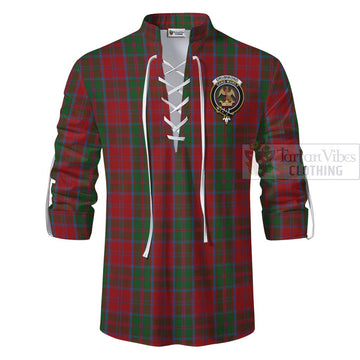 Drummond Tartan Ghillie Kilt Shirt with Family Crest and Bearded Skull Holding Bottles of Whiskey