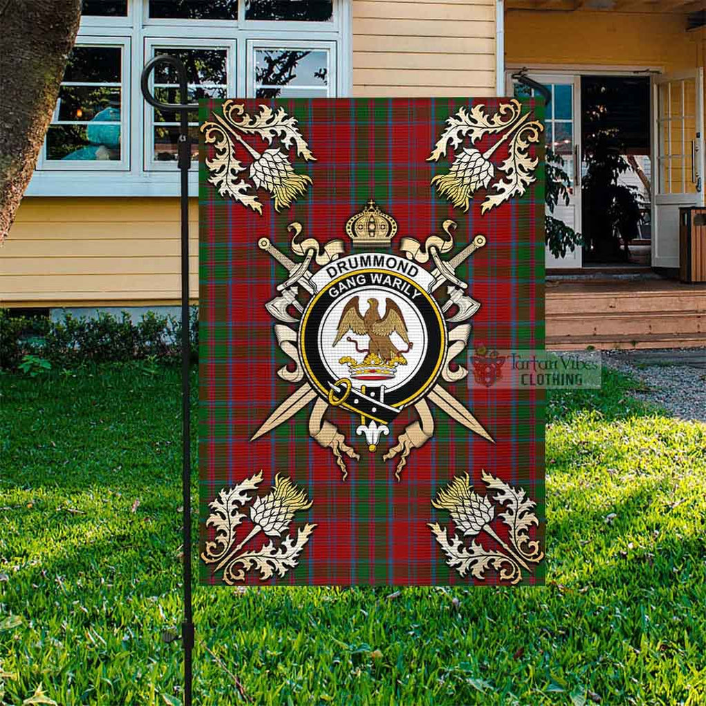 Tartan Vibes Clothing Drummond Tartan Flag with Family Crest and Golden Thistle Crossed Sword Design