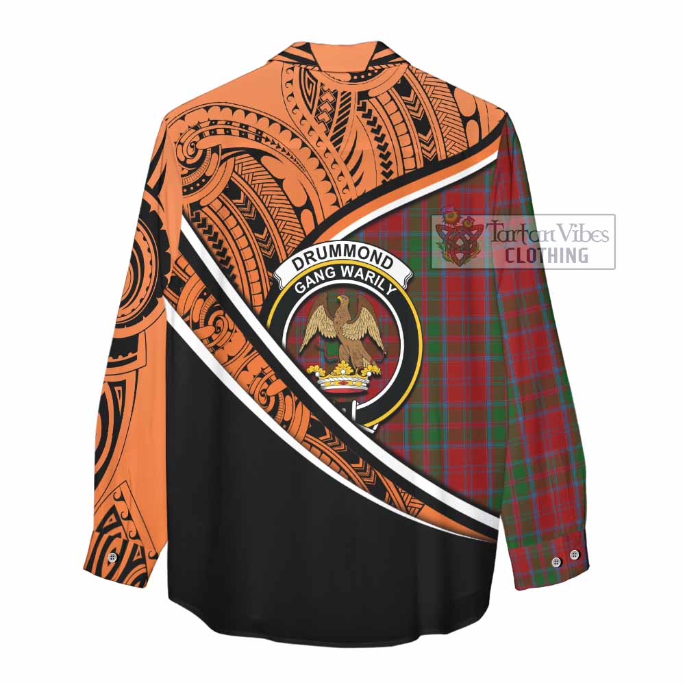 Tartan Vibes Clothing Drummond Crest Tartan Women's Casual Shirt with Maori Tattoo Style - Orange Version