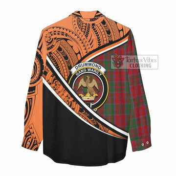 Drummond Crest Tartan Women's Casual Shirt with Polynesian Vibes Style - Orange Version