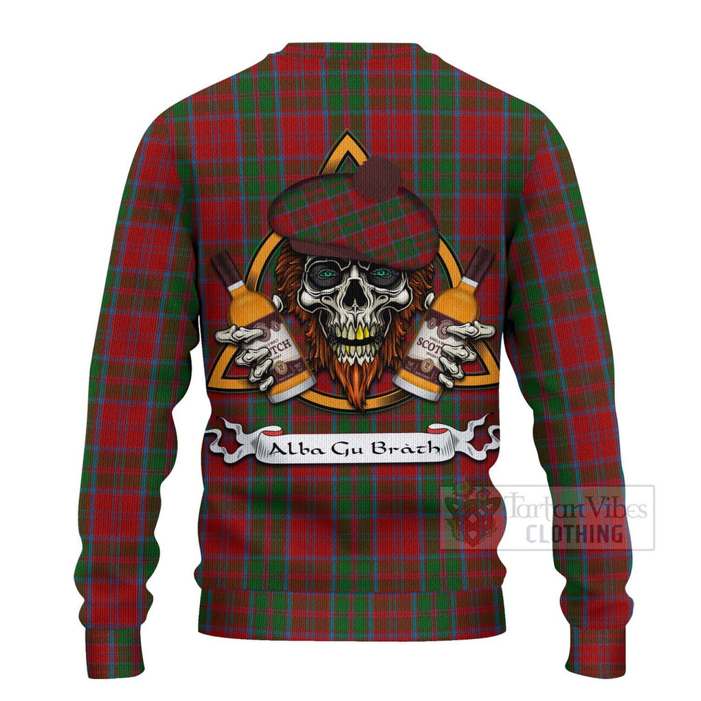 Tartan Vibes Clothing Drummond Tartan Knitted Sweater with Family Crest and Bearded Skull Holding Bottles of Whiskey