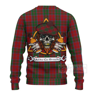 Drummond Tartan Ugly Sweater with Family Crest and Bearded Skull Holding Bottles of Whiskey