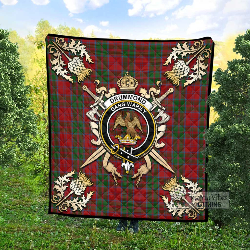 Tartan Vibes Clothing Drummond Tartan Quilt with Family Crest and Scottish Golden Courage Shield