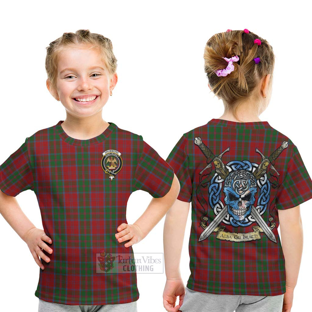 Tartan Vibes Clothing Drummond Tartan Kid T-Shirt with Family Crest Celtic Skull Style