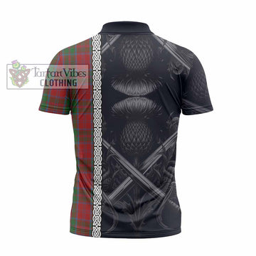 Drummond Tartan Zipper Polo Shirt with Family Crest Cross Sword Thistle Celtic Vibes