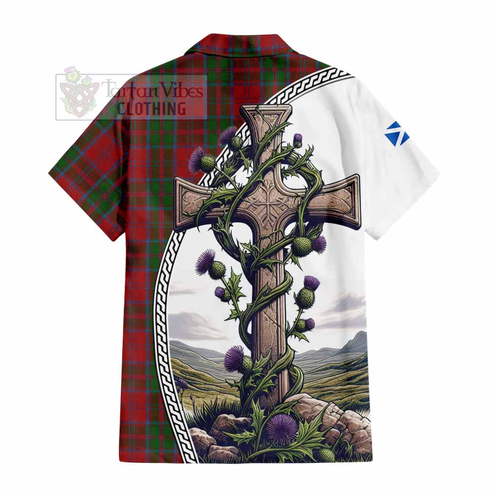 Tartan Vibes Clothing Drummond Tartan Short Sleeve Button Shirt with Family Crest and St. Andrew's Cross Accented by Thistle Vines