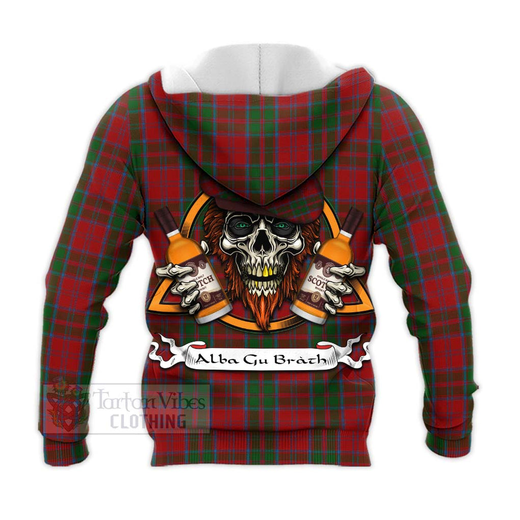 Tartan Vibes Clothing Drummond Tartan Knitted Hoodie with Family Crest and Bearded Skull Holding Bottles of Whiskey