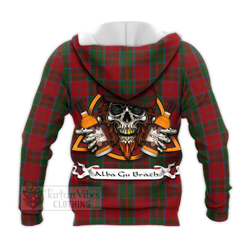 Drummond Tartan Knitted Hoodie with Family Crest and Bearded Skull Holding Bottles of Whiskey