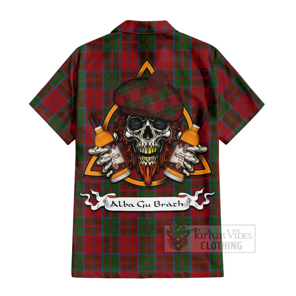 Tartan Vibes Clothing Drummond Tartan Short Sleeve Button Shirt with Family Crest and Bearded Skull Holding Bottles of Whiskey