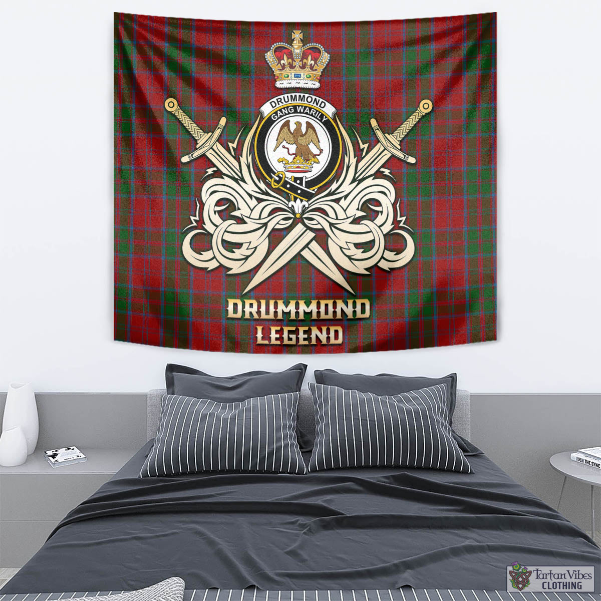 Tartan Vibes Clothing Drummond Tartan Tapestry with Clan Crest and the Golden Sword of Courageous Legacy