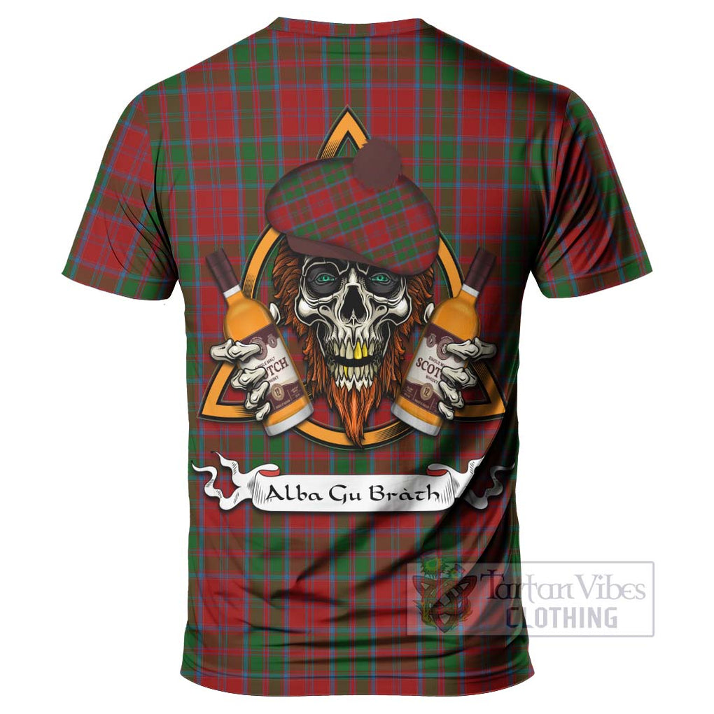 Tartan Vibes Clothing Drummond Tartan T-Shirt with Family Crest and Bearded Skull Holding Bottles of Whiskey