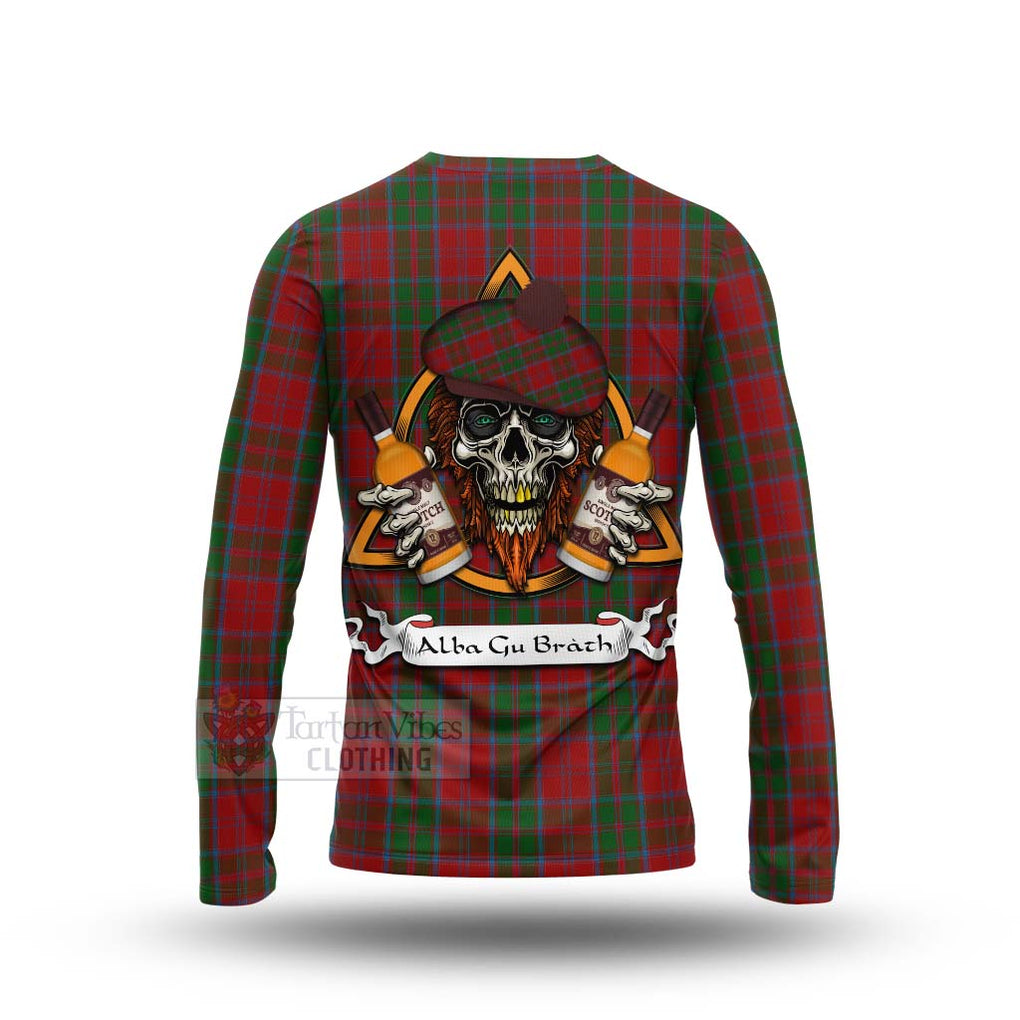 Tartan Vibes Clothing Drummond Tartan Long Sleeve T-Shirt with Family Crest and Bearded Skull Holding Bottles of Whiskey