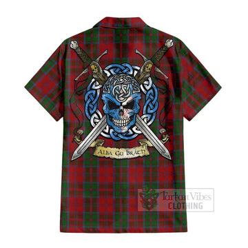 Drummond Tartan Short Sleeve Button Shirt with Family Crest Celtic Skull Style