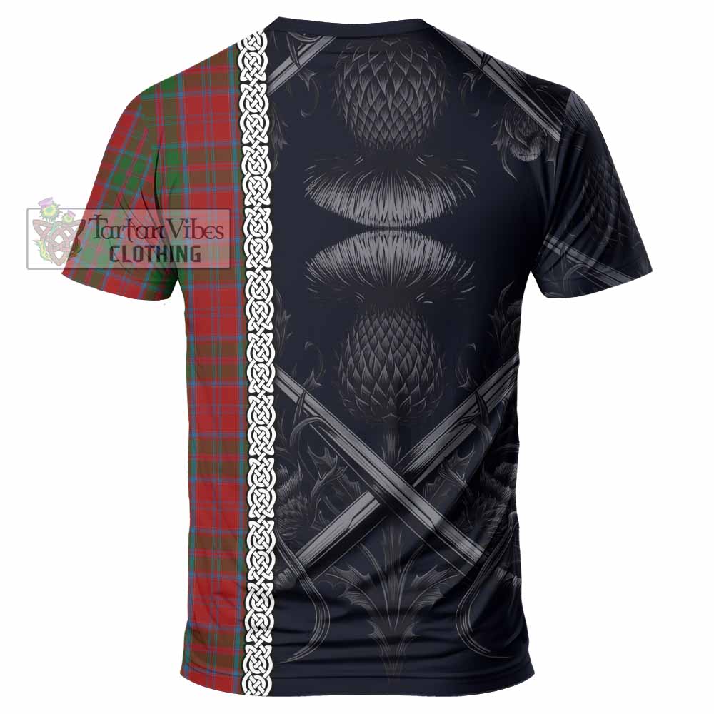 Tartan Vibes Clothing Drummond Tartan T-Shirt with Family Crest Cross Sword Thistle Celtic Vibes