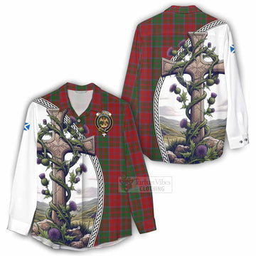 Drummond Tartan Women's Casual Shirt with Family Crest and St. Andrew's Cross Accented by Thistle Vines