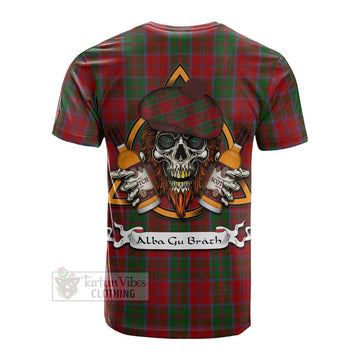 Drummond Tartan Cotton T-shirt with Family Crest and Bearded Skull Holding Bottles of Whiskey