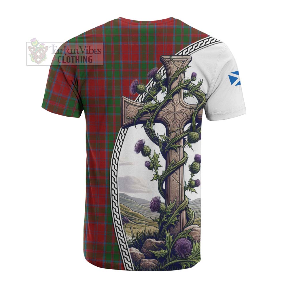 Tartan Vibes Clothing Drummond Tartan Cotton T-shirt with Family Crest and St. Andrew's Cross Accented by Thistle Vines