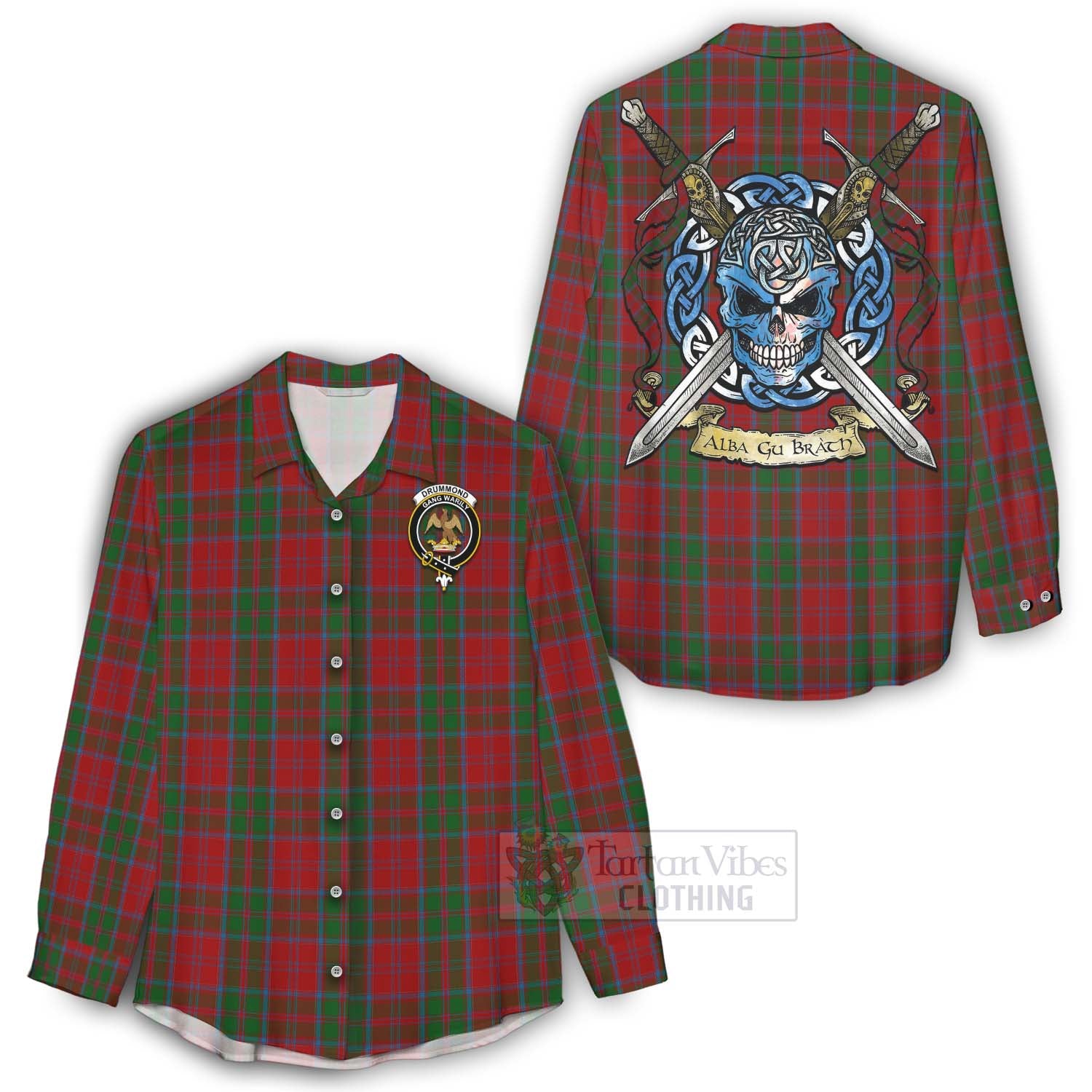 Tartan Vibes Clothing Drummond Tartan Women's Casual Shirt with Family Crest Celtic Skull Style