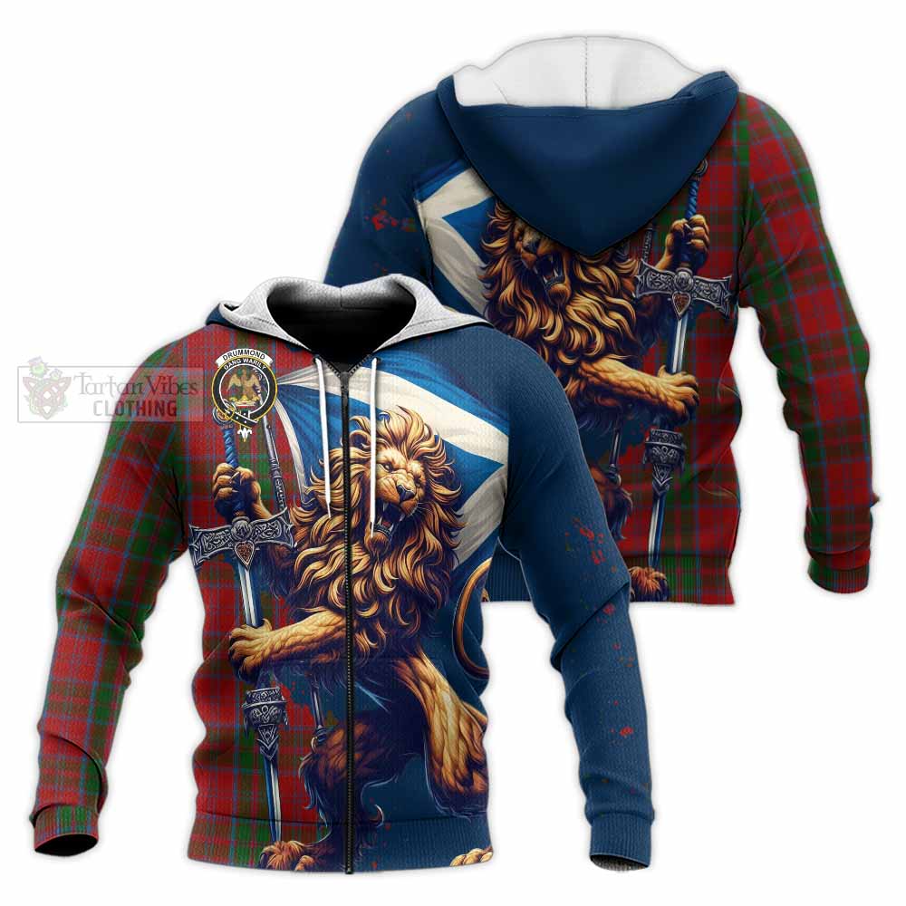 Tartan Vibes Clothing Drummond Tartan Family Crest Knitted Hoodie with Scottish Majestic Lion