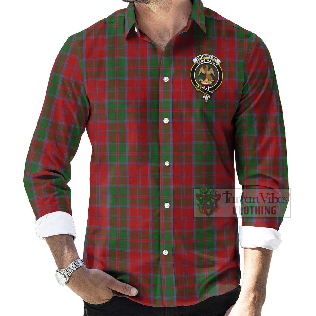 Tartan Vibes Clothing Drummond Tartan Long Sleeve Button Shirt with Family Crest Celtic Skull Style