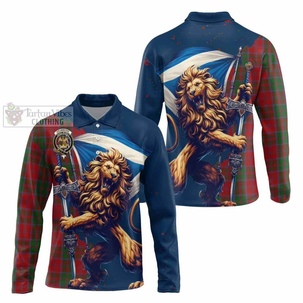 Tartan Vibes Clothing Drummond Tartan Family Crest Long Sleeve Polo Shirt with Scottish Majestic Lion