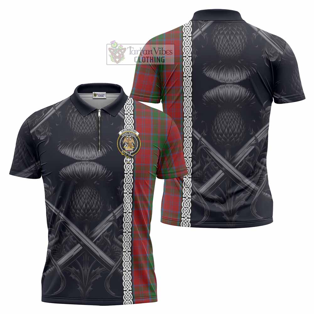 Tartan Vibes Clothing Drummond Tartan Zipper Polo Shirt with Family Crest Cross Sword Thistle Celtic Vibes