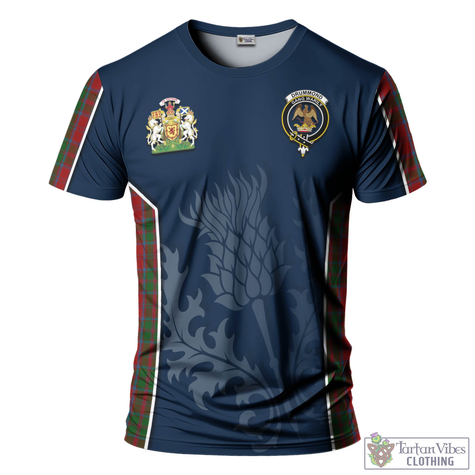 Tartan Vibes Clothing Drummond Tartan T-Shirt with Family Crest and Scottish Thistle Vibes Sport Style