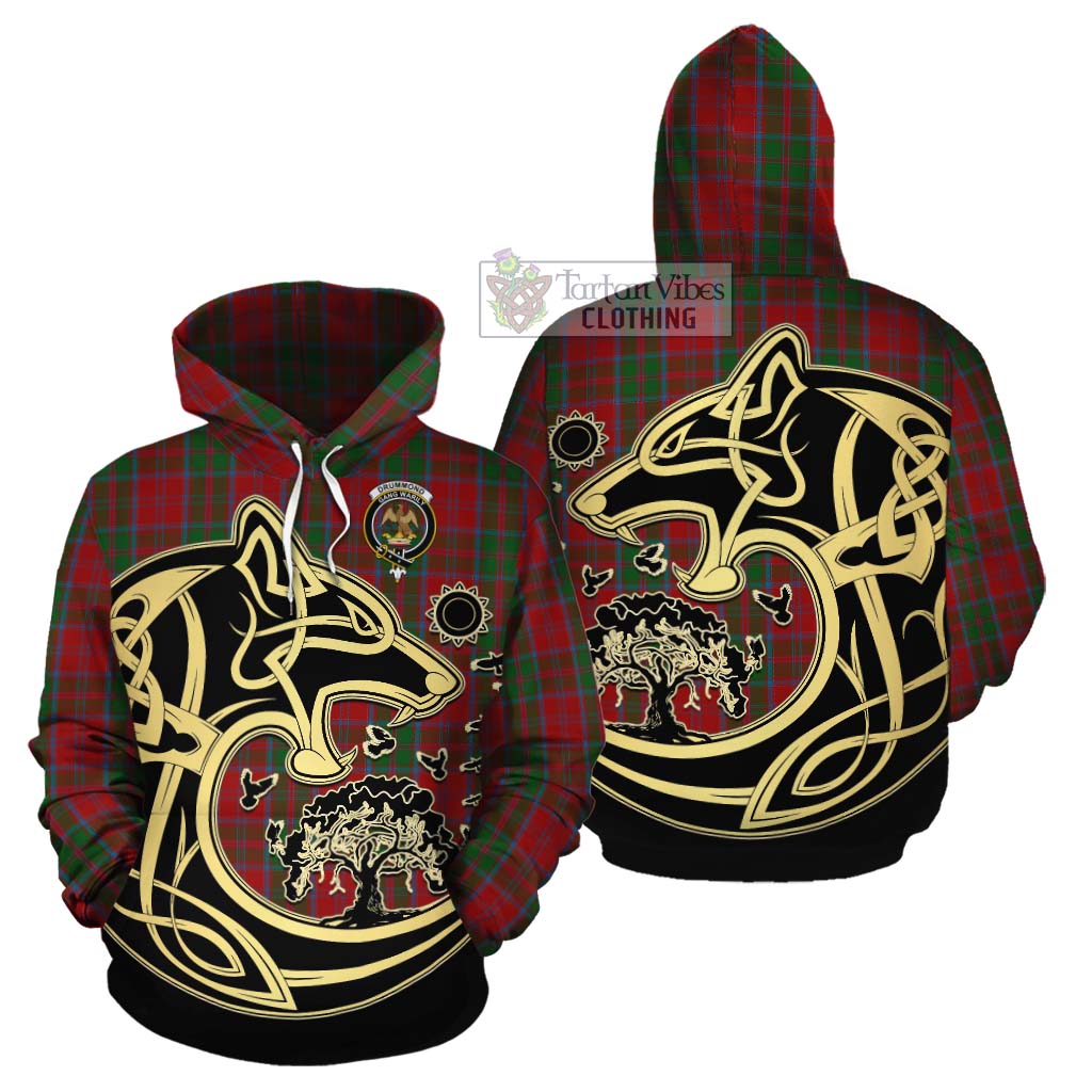 Tartan Vibes Clothing Drummond Tartan Cotton Hoodie with Family Crest Celtic Wolf Style