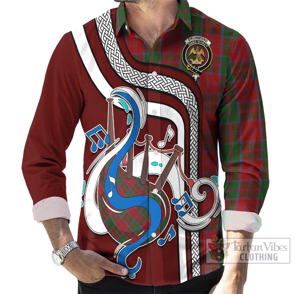 Drummond Tartan Long Sleeve Button Shirt with Epic Bagpipe Style - Tartanvibesclothing Shop