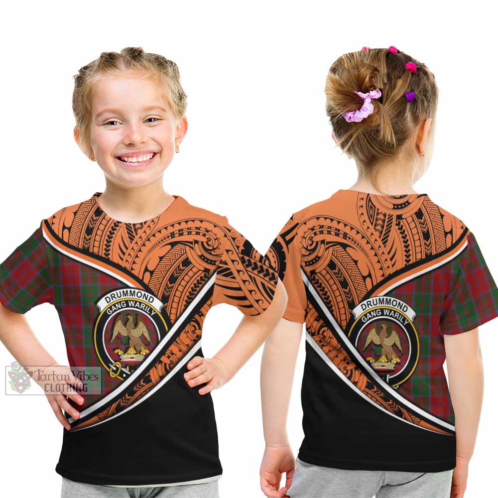 Tartan Vibes Clothing Drummond Crest Tartan Kid T-Shirt with Maori Tattoo Style - Orange Version