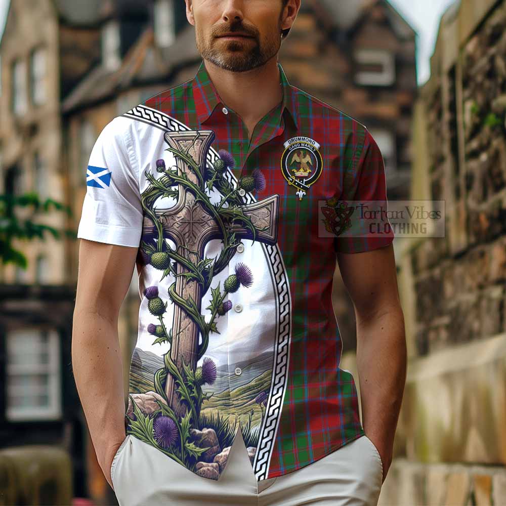 Tartan Vibes Clothing Drummond Tartan Short Sleeve Button Shirt with Family Crest and St. Andrew's Cross Accented by Thistle Vines