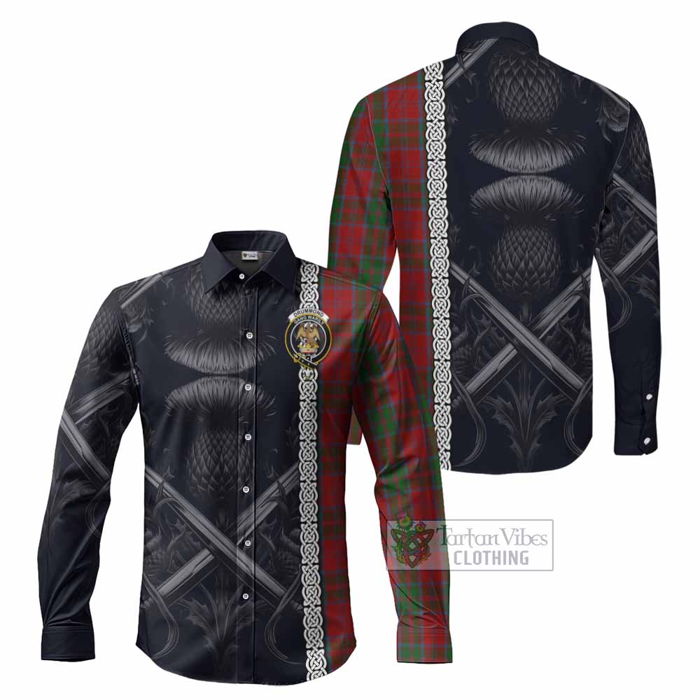 Tartan Vibes Clothing Drummond Tartan Long Sleeve Button Shirt with Family Crest Cross Sword Thistle Celtic Vibes