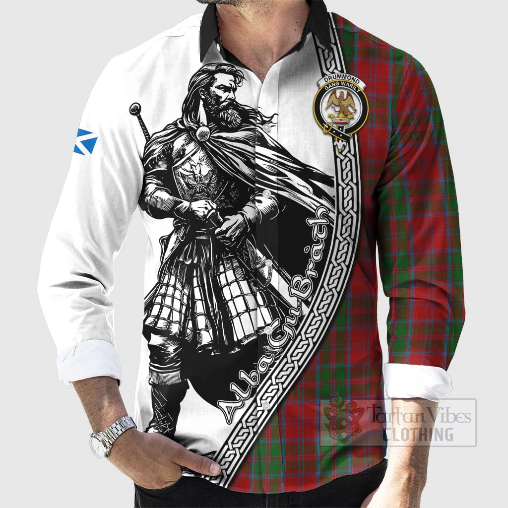 Tartan Vibes Clothing Drummond Tartan Clan Crest Long Sleeve Button Shirt with Highlander Warrior Celtic Style