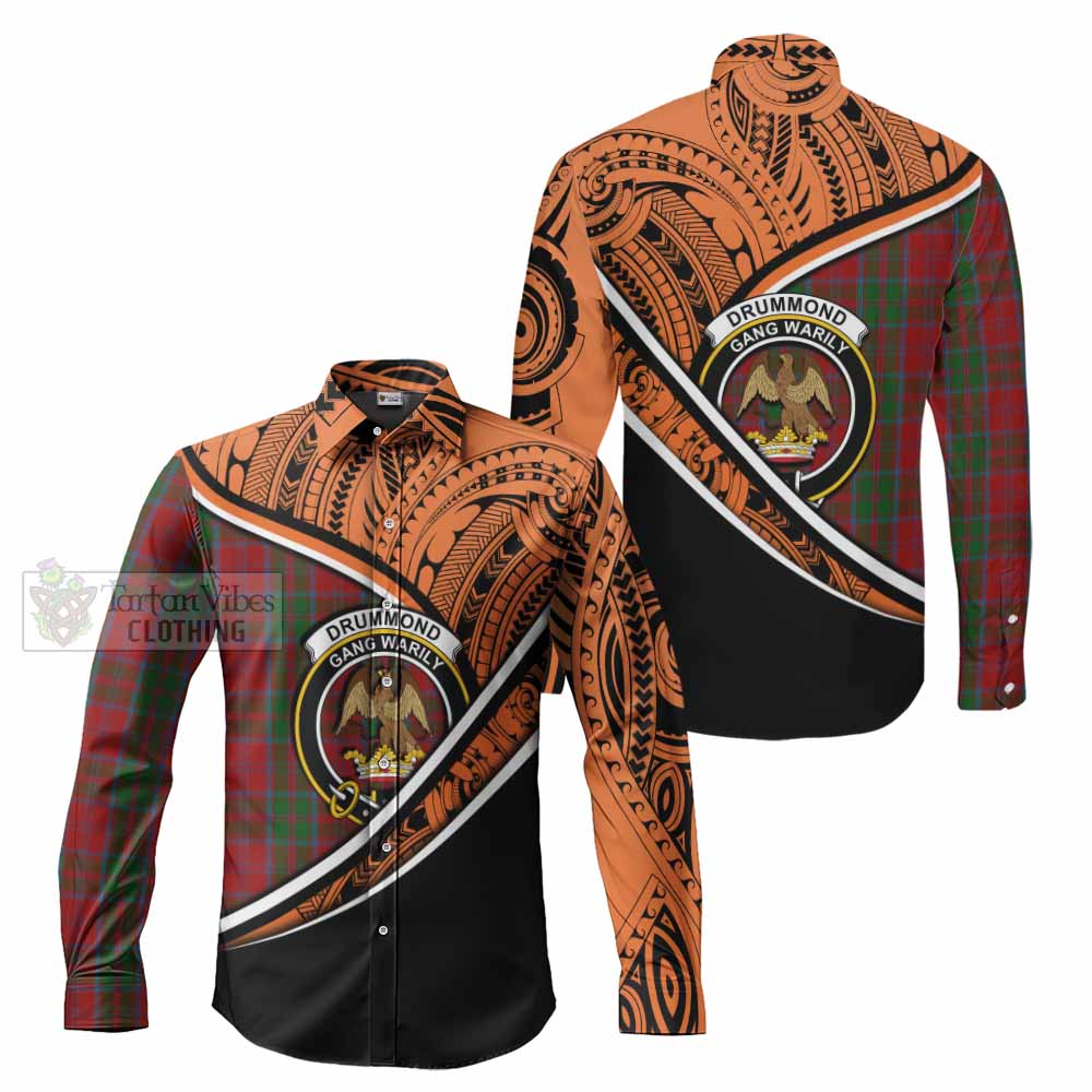 Tartan Vibes Clothing Drummond Crest Tartan Long Sleeve Button Shirt with Maori Tattoo Style - Orange Version