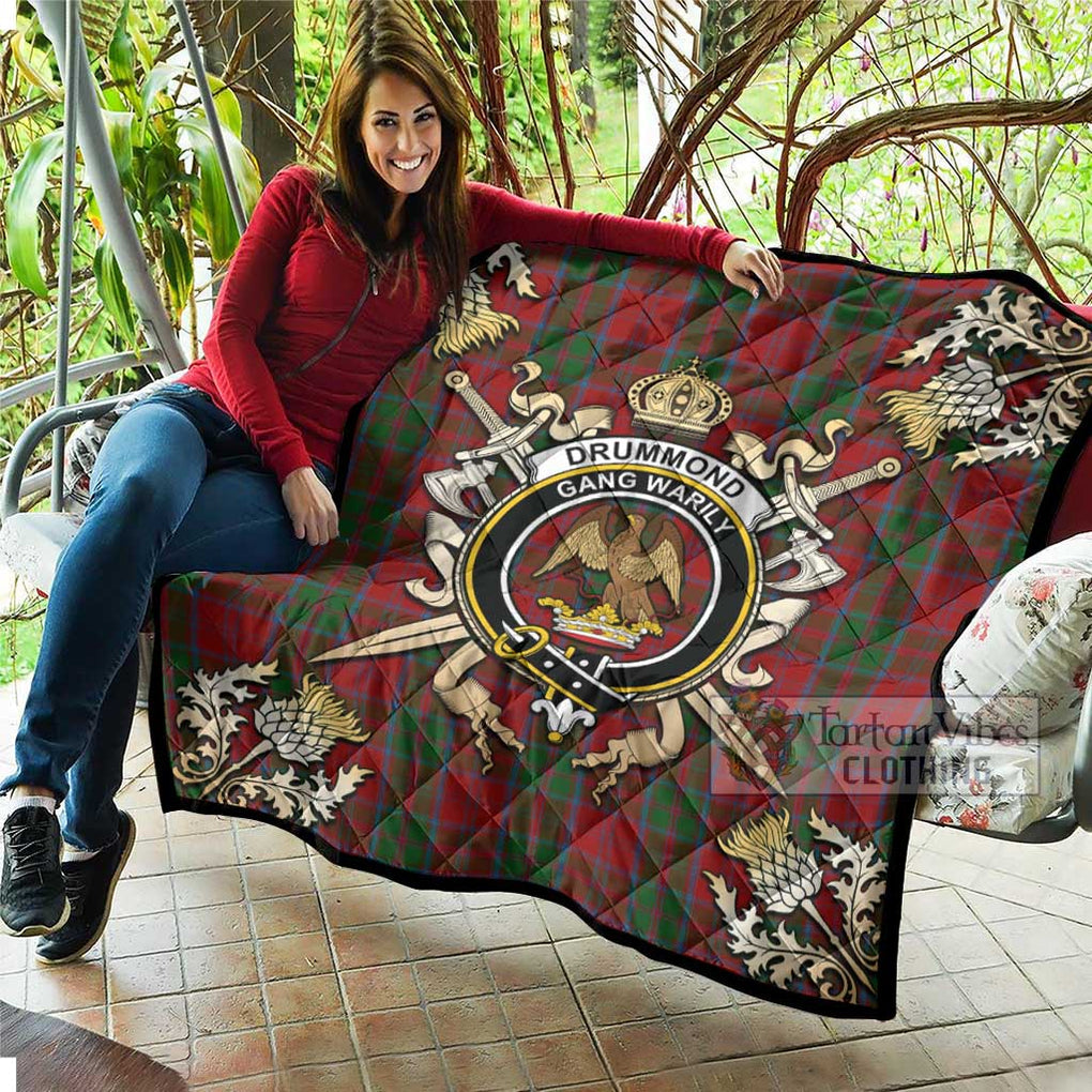 Tartan Vibes Clothing Drummond Tartan Quilt with Family Crest and Scottish Golden Courage Shield